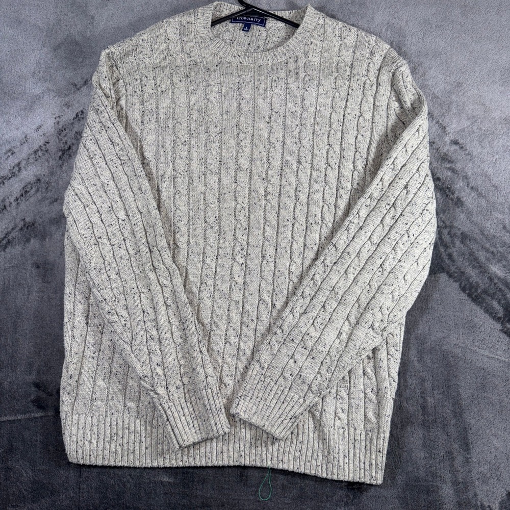 Crown & Ivy Mens Grey Cable Knit Speckled Crew Neck Sweater Large Cotton Blend